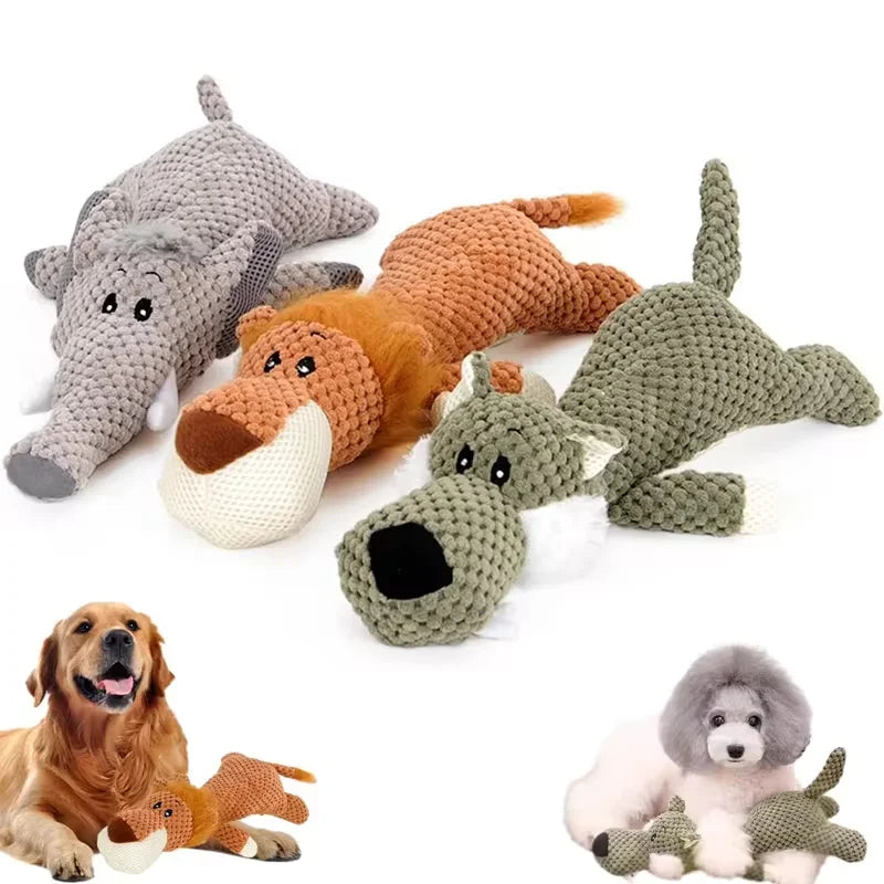 Bite-Resistant Plush Squeaky Dog Toy – Lion, Wolf & Elephant