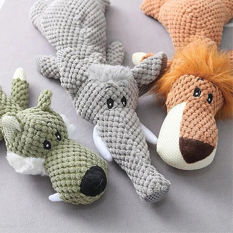 Bite-Resistant Plush Squeaky Dog Toy – Lion, Wolf & Elephant
