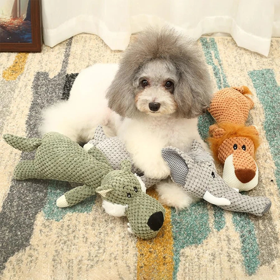 Bite-Resistant Plush Squeaky Dog Toy – Lion, Wolf & Elephant