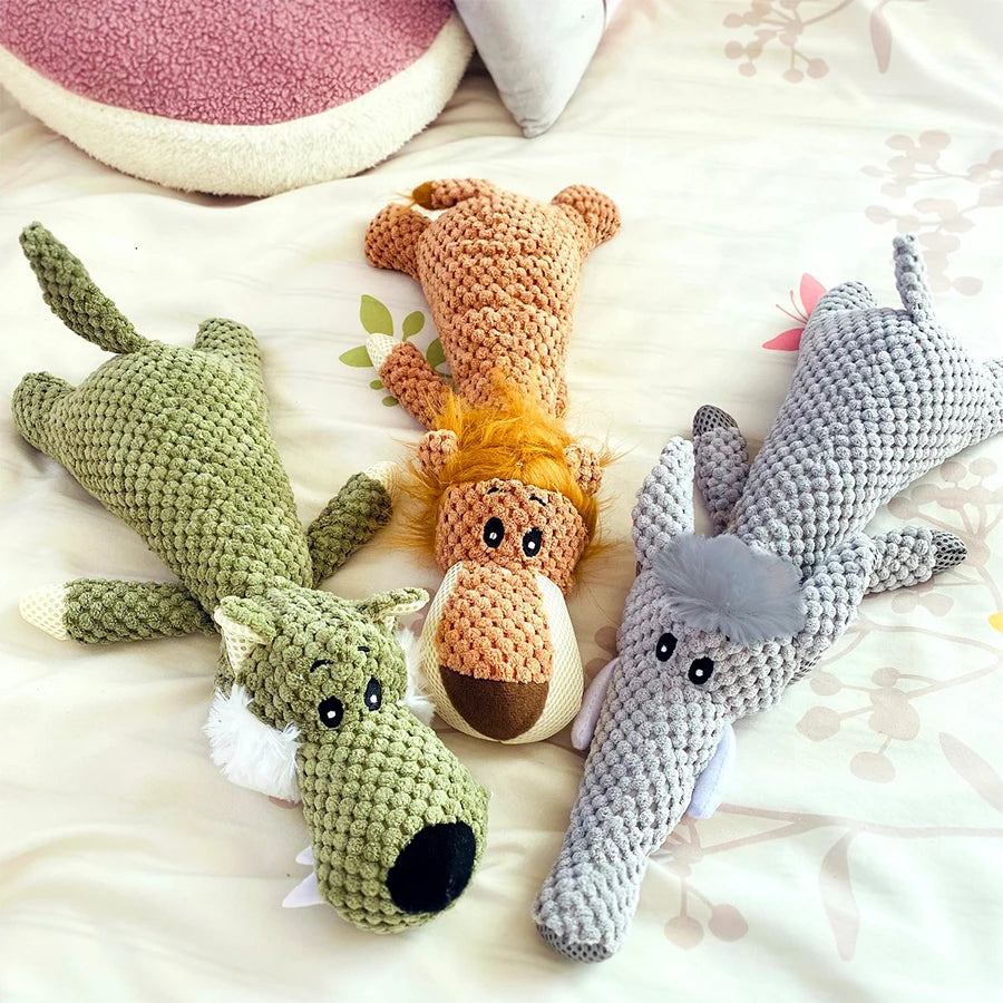 Bite-Resistant Plush Squeaky Dog Toy – Lion, Wolf & Elephant